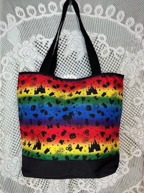 Official Disney Parks Rainbow Tote Bag Mickey Castle Zip Beach Travel Shopper
